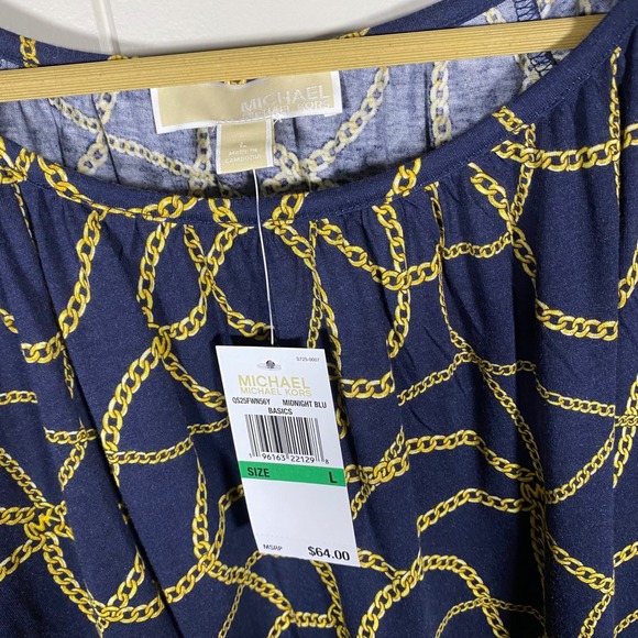 NWT MICHAEL KORS Women's Navy Gold Chain Print 3/4 Sleeve‎ Top Blouse Size L - Picture 3 of 15